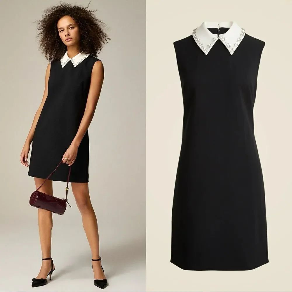 NWT J CREW Embellished collared shift dress in black stretch crepe